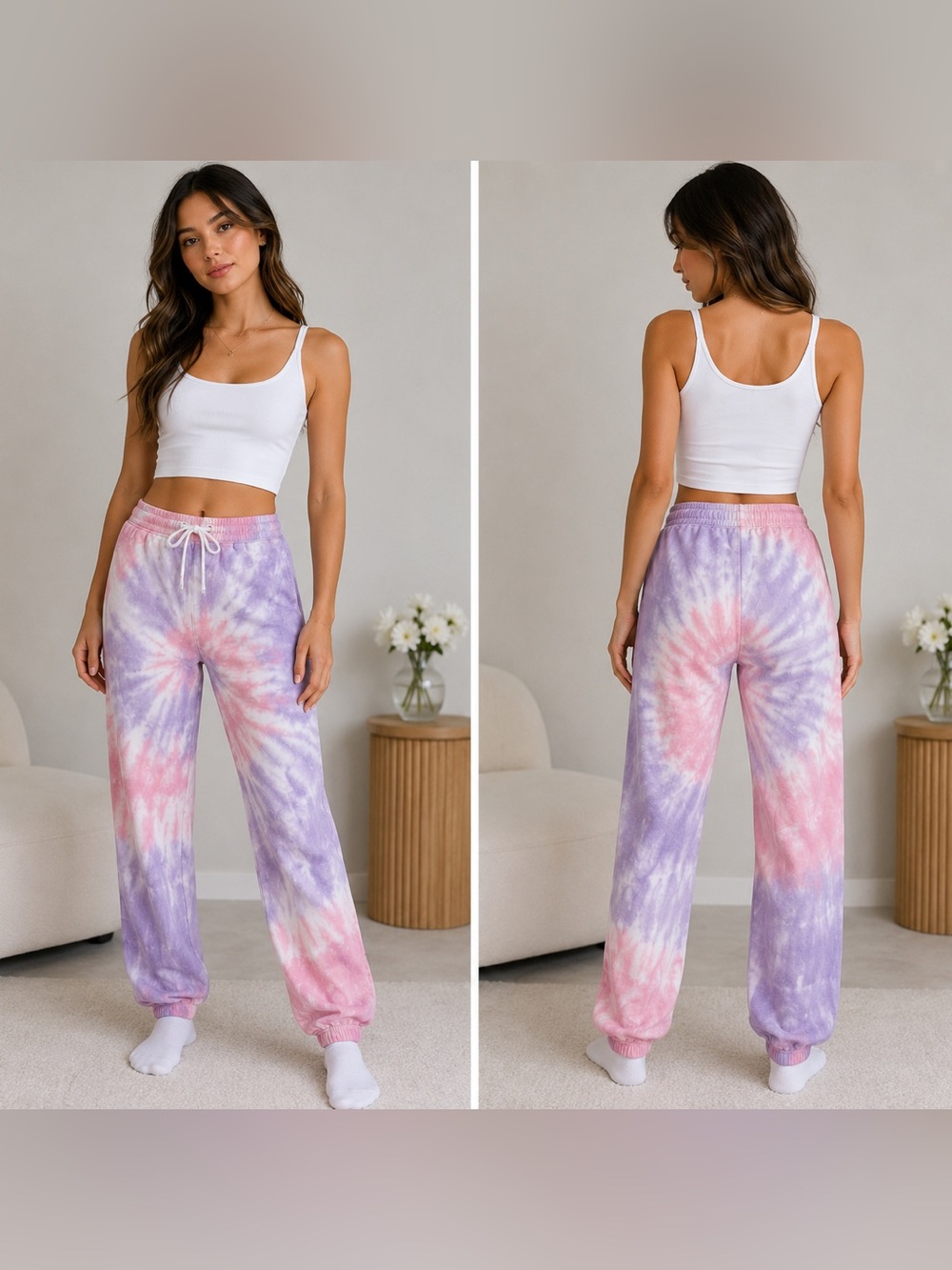 Hem & Thread Womens Tie Dye Joggers Size Large NWT Pink/Purple Drawstring Pants